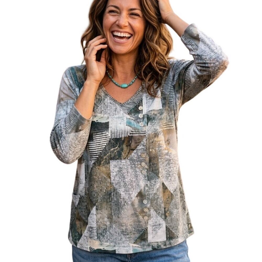 Parsley & Sage Earthy Lagenlook Top Womens Medium Asymmetrical Buttons Knit